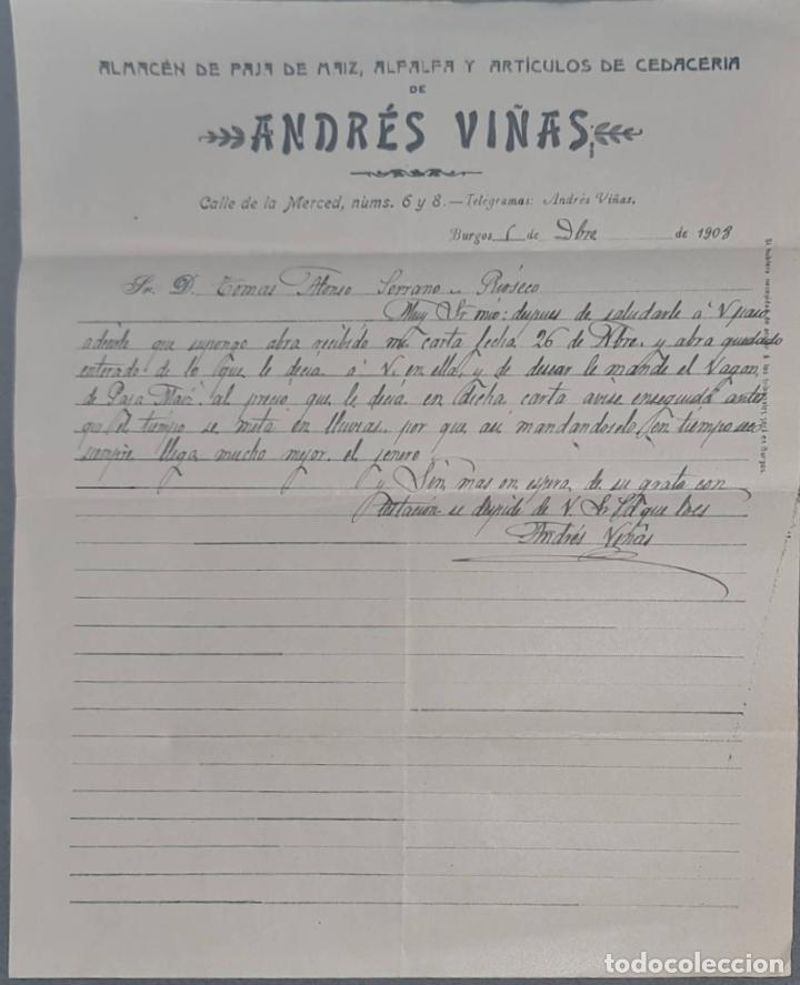 Cartas comerciais: Andr&eacute;s Vi&ntilde;as. Almac&eacute;n de paja, alfalfa y art&iacute;culos de cedacer&iacute;a. Burgos. Espa&ntilde;a 1908