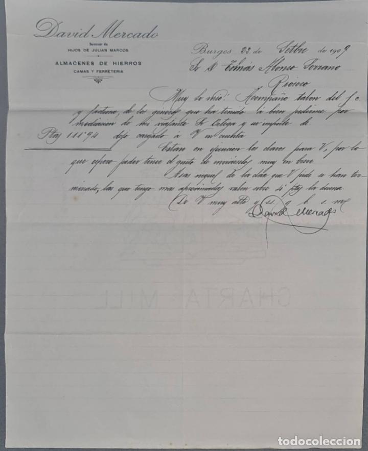 Cartas comerciais: David Mercado. Suc. de Hijos de Juli&aacute;n Marcos. Almacenes de hierros, camas y ferreter&iacute;a. Burgos 1909