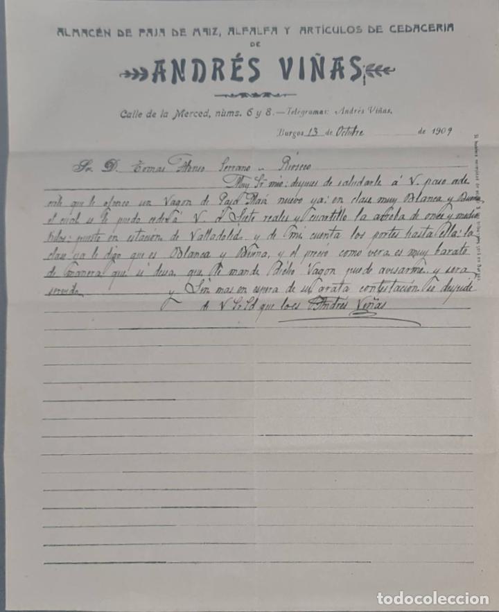 Cartas comerciais: Andr&eacute;s Vi&ntilde;as. Almac&eacute;n de paja, alfalfa y art&iacute;culos de cedacer&iacute;a. Burgos. Espa&ntilde;a 1909