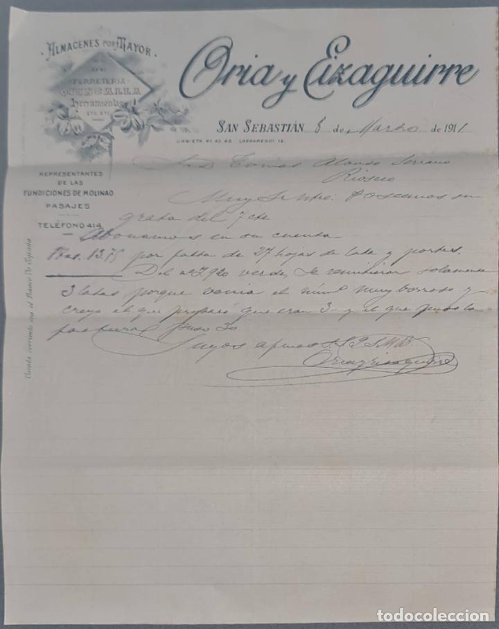 Cartas comerciais: Oria y Eizaguirre. Almacenes por Mayor. San Sebasti&aacute;n. Espa&ntilde;a 1911