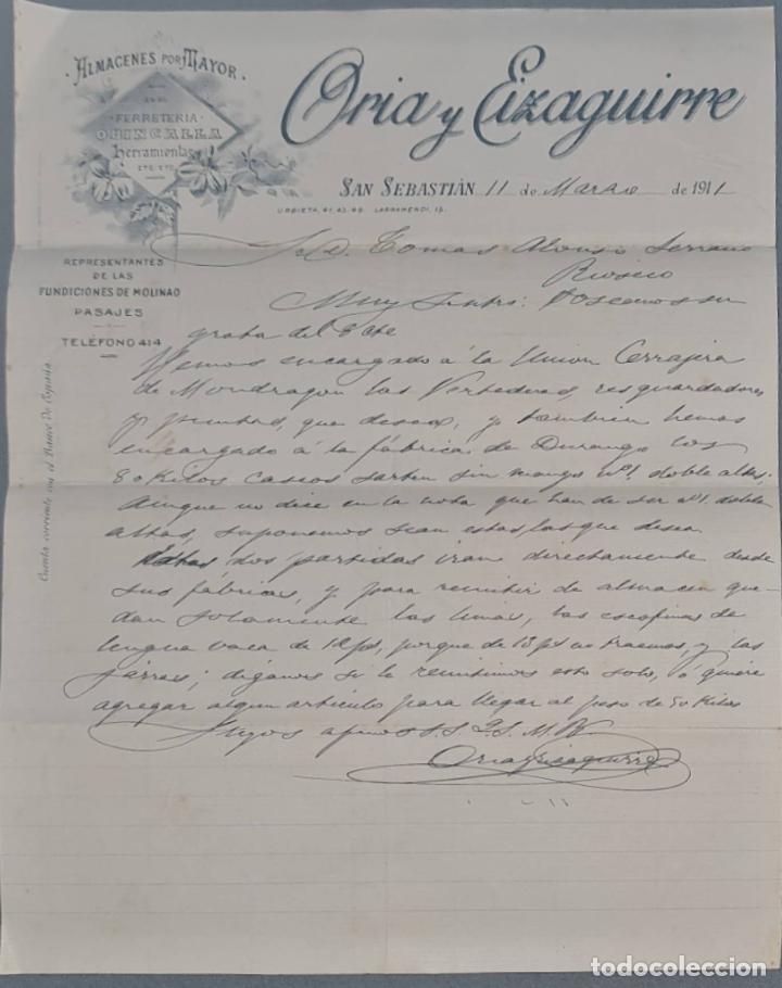 Cartas comerciais: Oria y Eizaguirre. Almacenes por Mayor. San Sebasti&aacute;n. Espa&ntilde;a 1911