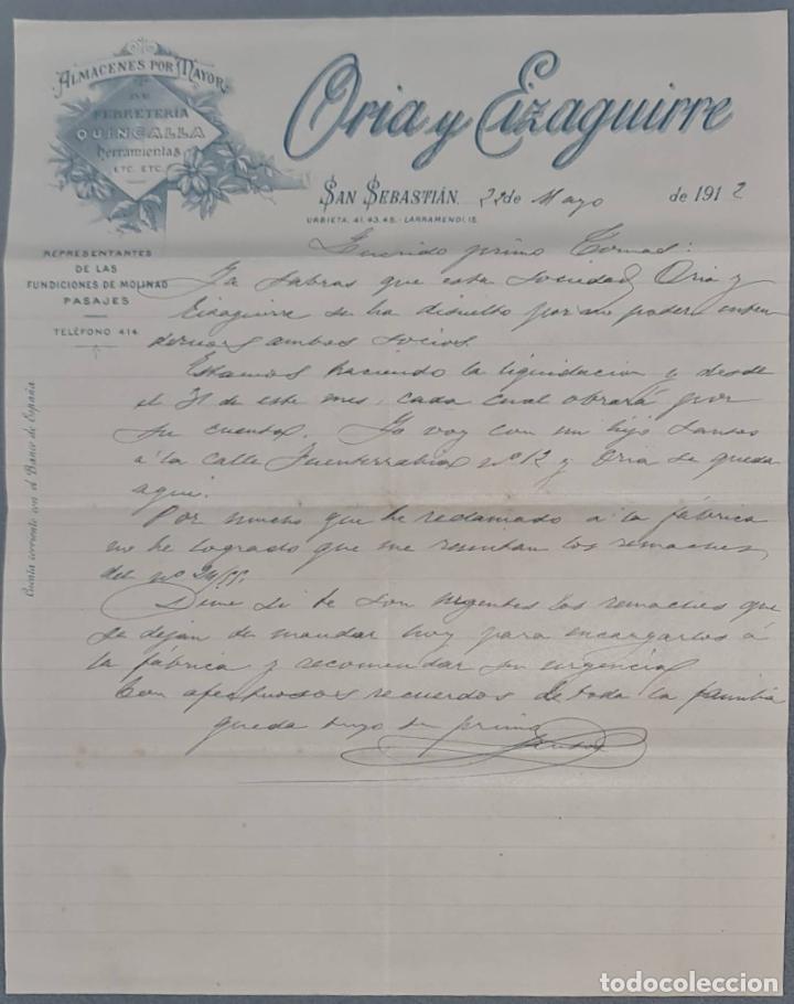 Cartas comerciais: Oria y Eizaguirre. Almacenes por Mayor. San Sebasti&aacute;n. Espa&ntilde;a 1912