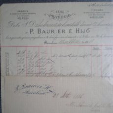 Cartas comerciais: BARCELONA FACTURA Y CARTA COMERCIAL AÑO 1886 REAL PRIVILEGIO A LA FÁBRICA P. BAURIER E HIJO. Lote 273933378