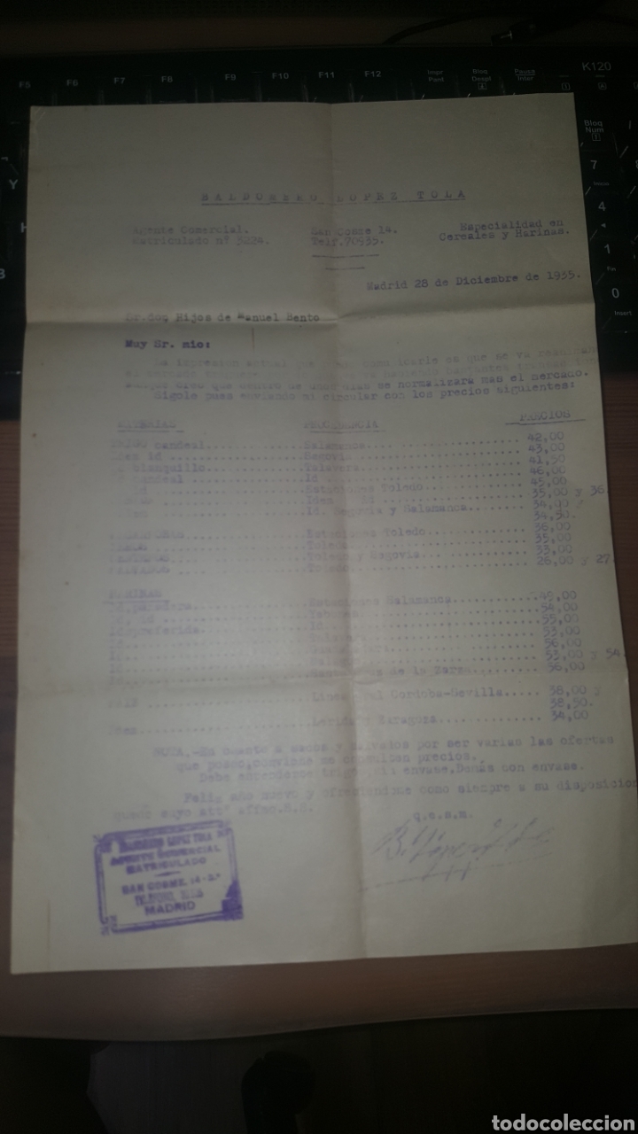 Lettres commerciales: CARTA COMERCIAL DE BALDOMERO LOPEZ TOLA,VENTA DE CEREALES , MADRID 1935