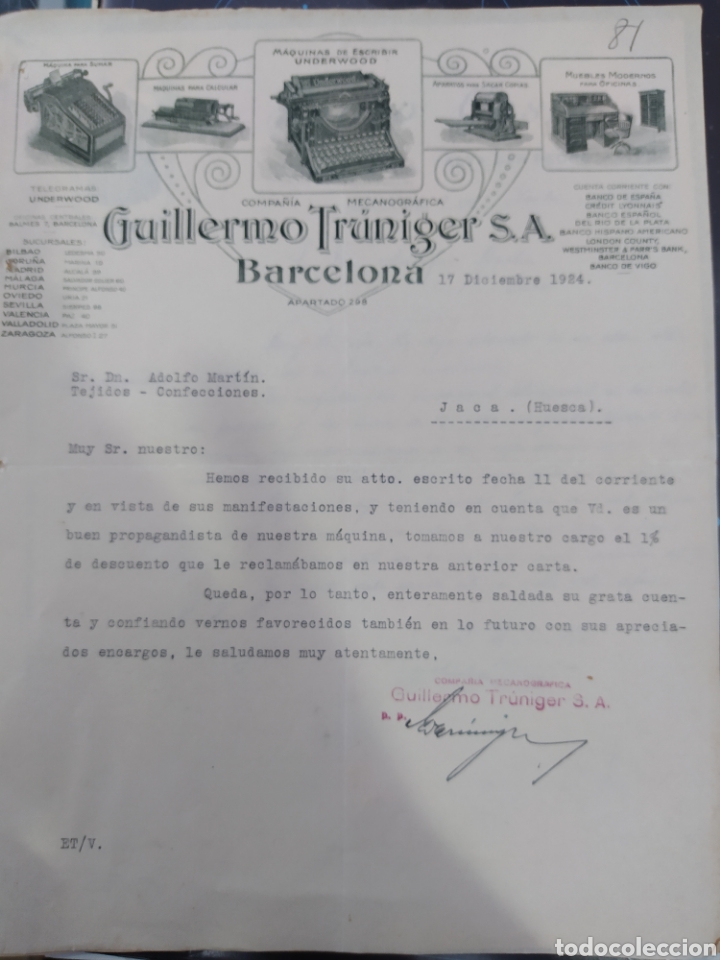 Lettres commerciales: Guillermo truniger m&aacute;quinas de escribir 1924 factura