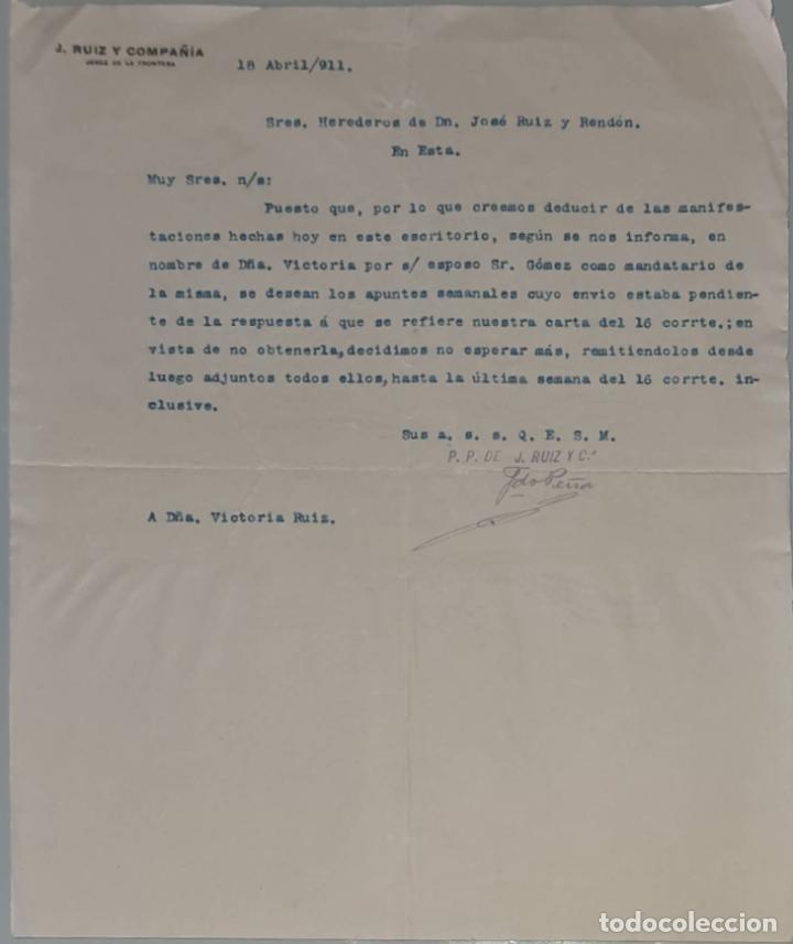 Lettres commerciales: J. Ruiz y Compa&ntilde;&iacute;a. Jerez de la Frontera. Espa&ntilde;a 1911