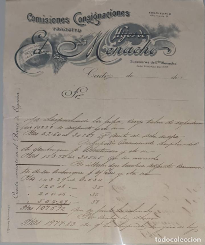 Lettres commerciales: Hijos de Ed. Menacho. Comisiones y Consignaciones. C&aacute;diz. Espa&ntilde;a 1901