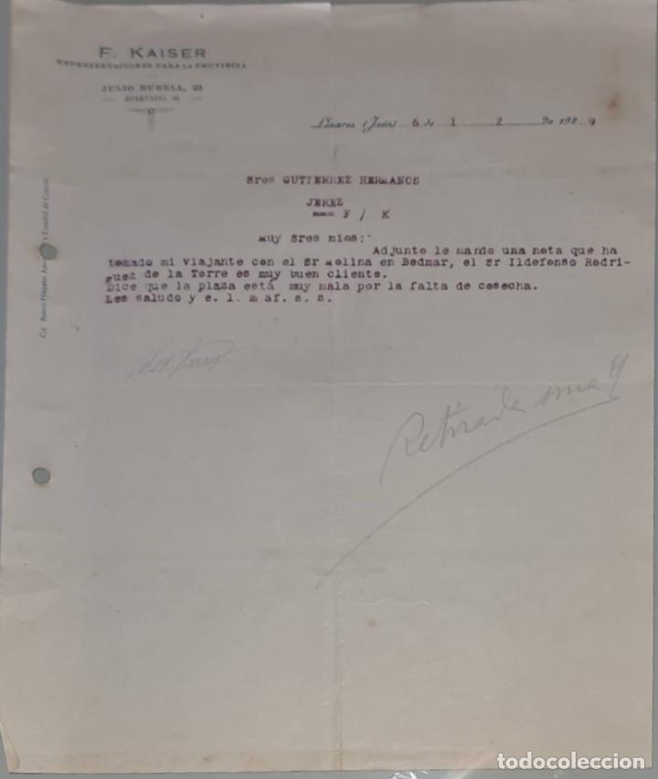 Lettres commerciales: F. Kaiser. Representaciones para la provincia. Linares. Ja&eacute;n. Espa&ntilde;a 1929