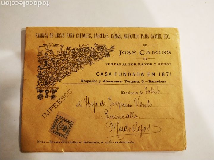 Lettres commerciales: CARTA COMERCIA JOSE CAMINS BARCELONA FABRICA DE QUINCALLA CON SELLO 1/4 CENTIMO 1903