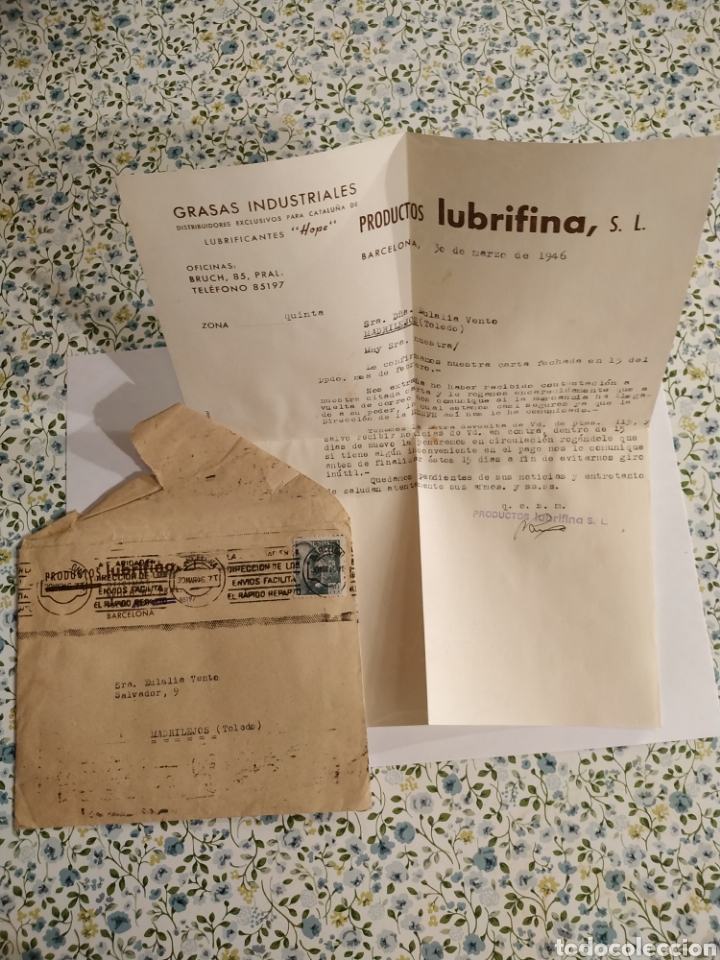 Lettres commerciales: CARTA COMERCIA PRODUCTOS LUBRIFINA, GRASAS INDUSTRIALES CON SELLO DE FRANCO 1946