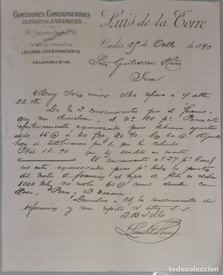 Lettres commerciales: Luis de la Torre. Comisiones, Consignaciones, Tr&aacute;nsitos y embarques. C&aacute;diz. Espa&ntilde;a 1890