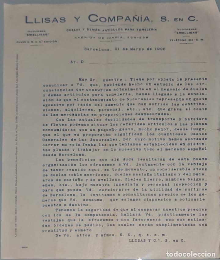 Lettere commerciali: Llisas y Compa&ntilde;&iacute;a S. en C. Duelas y art&iacute;culos para toneler&iacute;a. Barcelona. Espa&ntilde;a 1925
