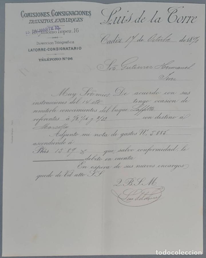 Lettere commerciali: Luis de la Torre. Comisiones, Consignaciones, Tr&aacute;nsitos y embarques. C&aacute;diz. Espa&ntilde;a 1890
