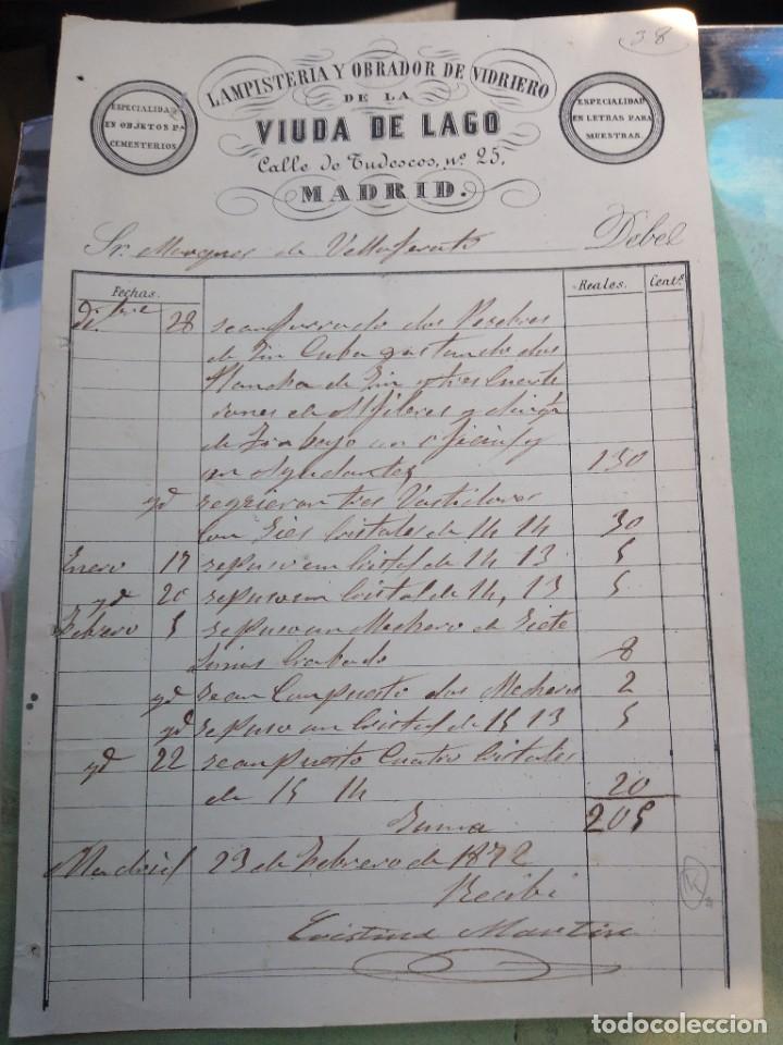 Lettere commerciali: Lampisteria y obrador de vidriero. Viuda de Lago. Madrid. .