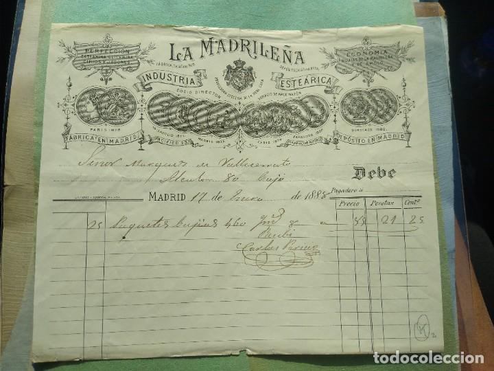 Lettere commerciali: La Madrile&ntilde;a. Industria Estearica 1886. Firma propietario. Madrid.