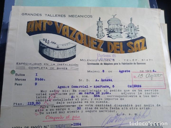 Lettere commerciali: Ant V&aacute;zquez del Saz. Maquinas fabricaci&oacute;n gaseosa. 1934Madrid.