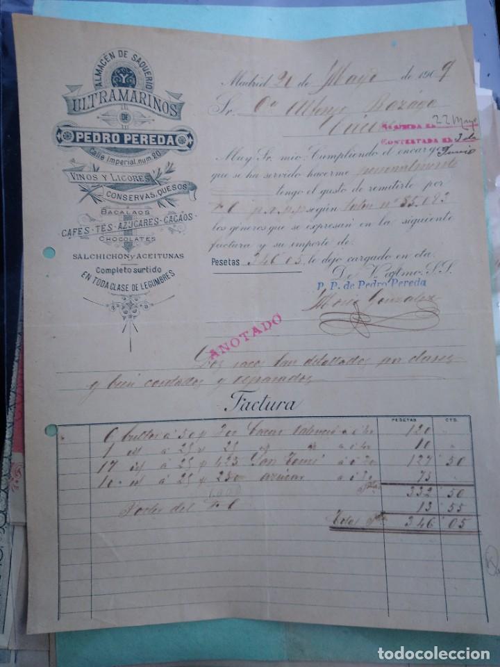 Lettere commerciali: Ultramarinos Pedro Pereda. Conservas quesos. Vinos licores. Madrid.