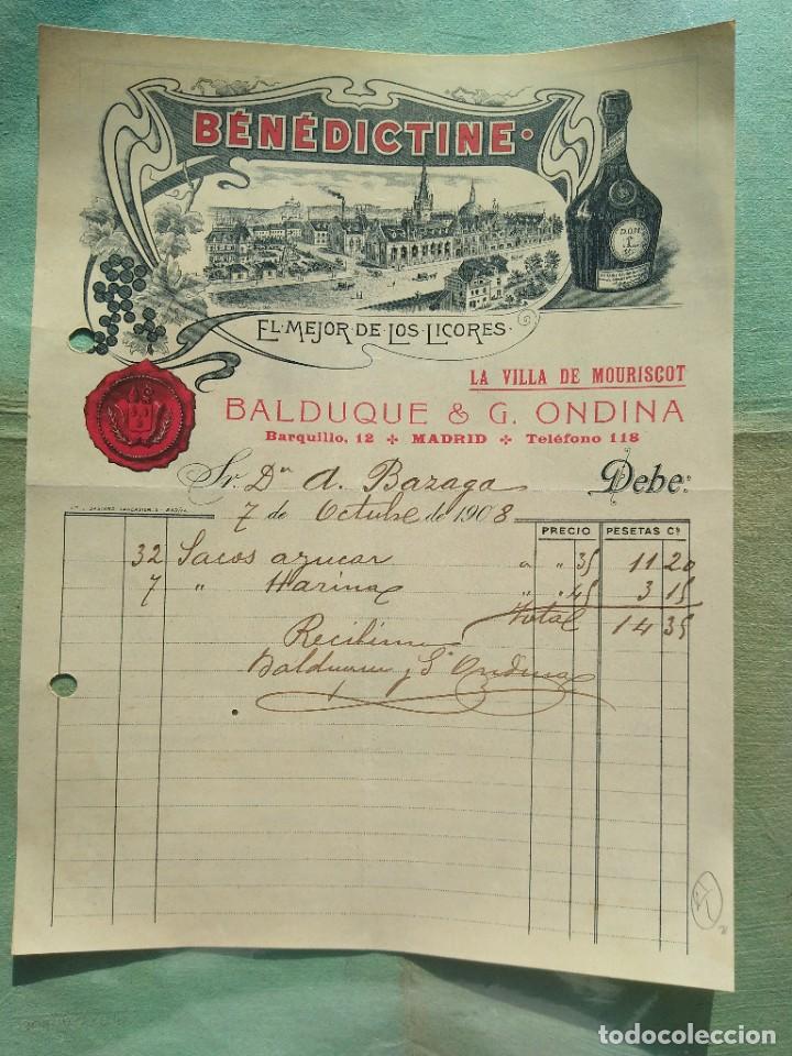 Lettere commerciali: Benedictino. Balduque & G Ondina. El mejor de los licores 1908 Madrid.