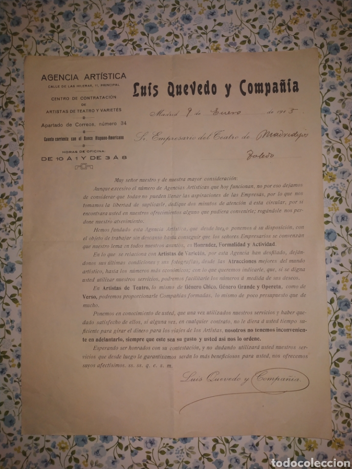 Lettere commerciali: CARTA PRESENTACION AGENCIA ARTISTICA LUIS QUEVEDO Y COMPA&Ntilde;IA, MADRID 1915
