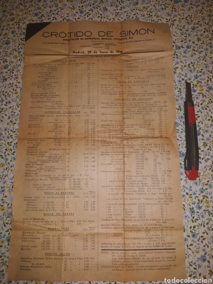 Lettere commerciali: LISTA DE PRECIOS CROTIDO DE SIMON, IMPORTADORES, MADRID, 1940