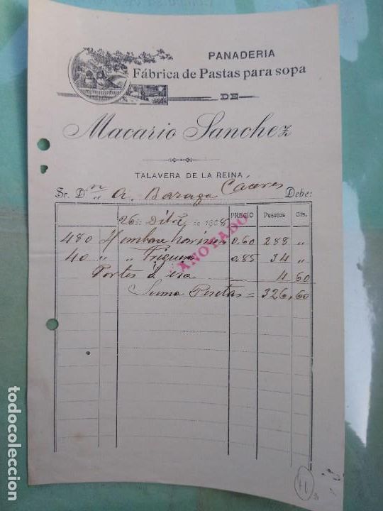 Lettere commerciali: Panader&iacute;a f&aacute;brica de pastas para sopa. Macario S&aacute;nchez. Talavera de la Reina. Toledo.