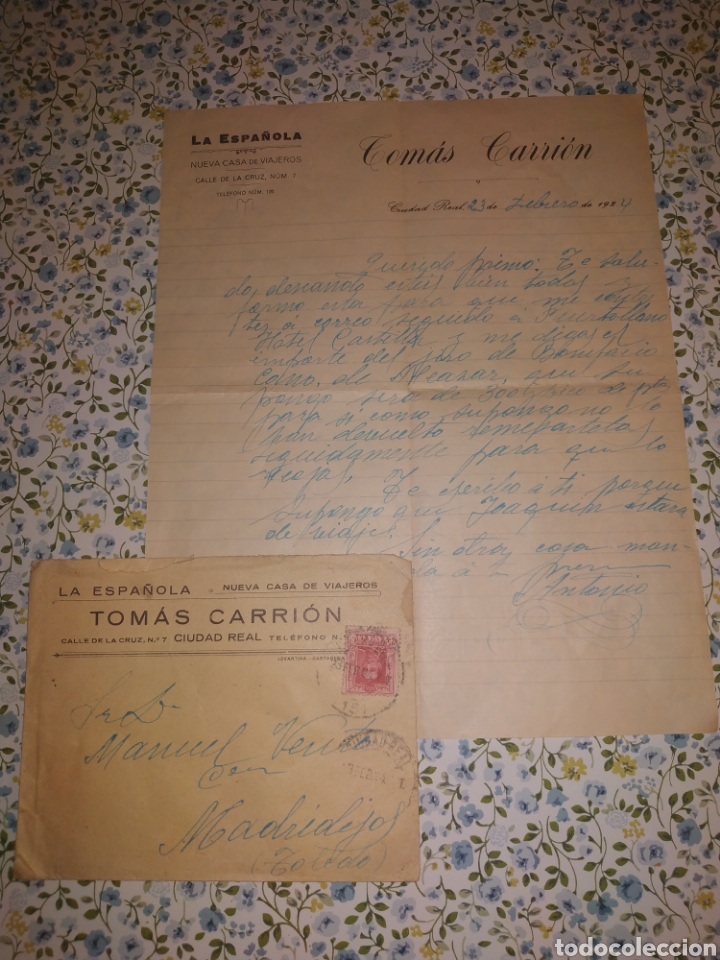 Lettere commerciali: CARTA COMERCIAL , TOMAS CARRION, CIUDAD REAL, 1924 SOBRE CON SELLO 25 CTMOS ALFONSO XIII