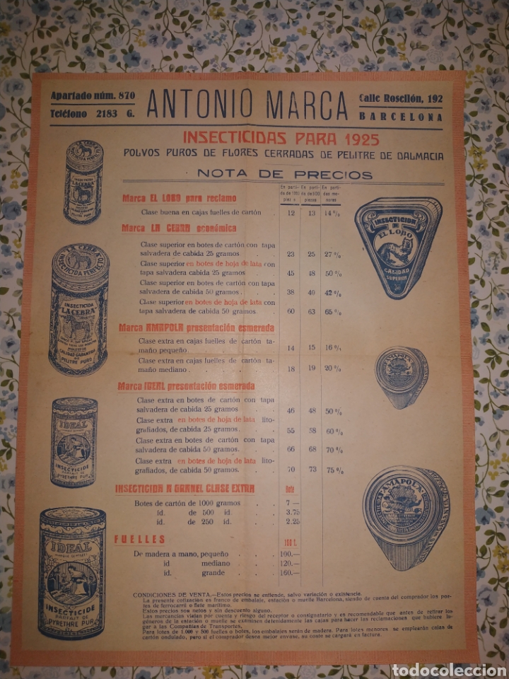 Lettere commerciali: CARTA COMERCIAL Y PRECIOS, ANTONIO MARCA , FABRICA INSECTICIDAS, BARCELONA 1925