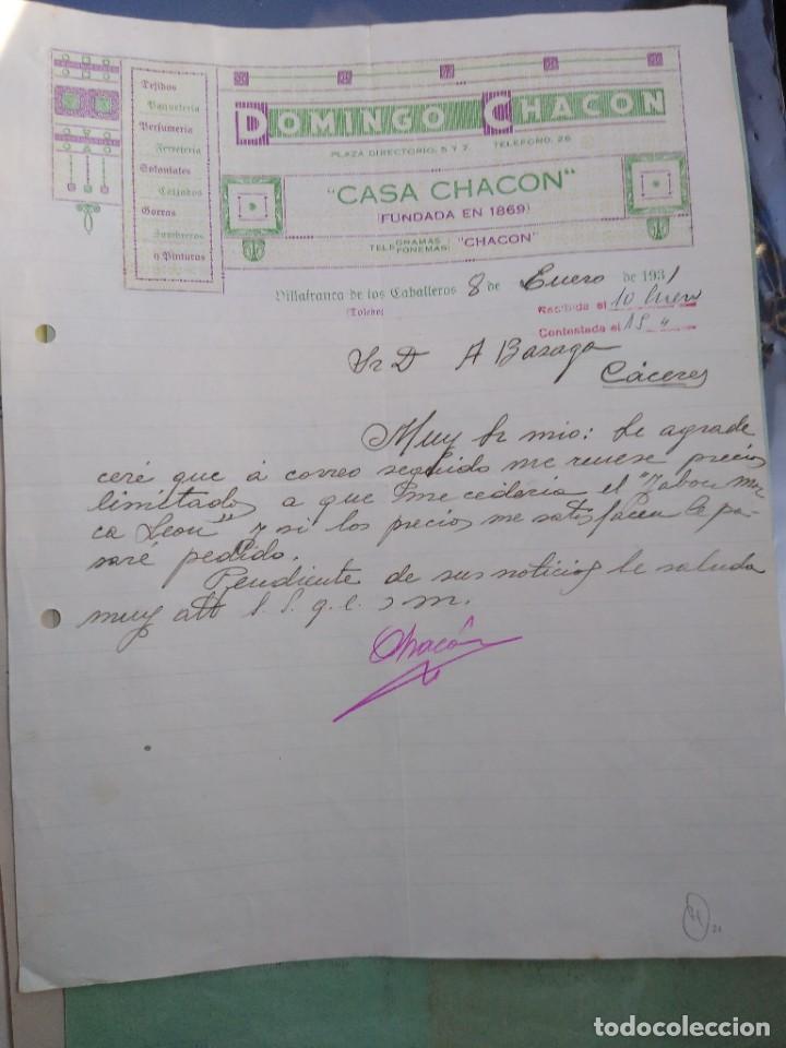 Lettere commerciali: Domingo Chac&oacute;n Casa Chac&oacute;n. perfumer&iacute;a. Villafranca de los caballeros. Firma propietario. Toledo.
