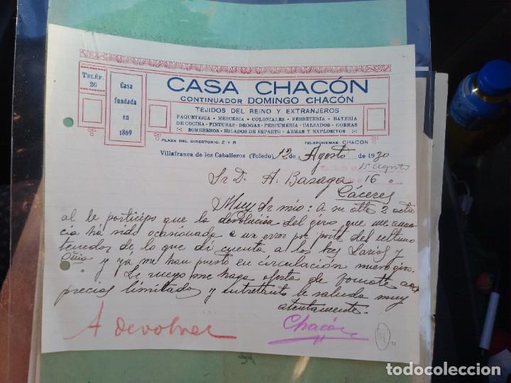 Lettere commerciali: Casa Chac&oacute;n. Continuador Domingo Chac&oacute;n. Villafranca de los Caballeros. . Firma propietario. Toledo.