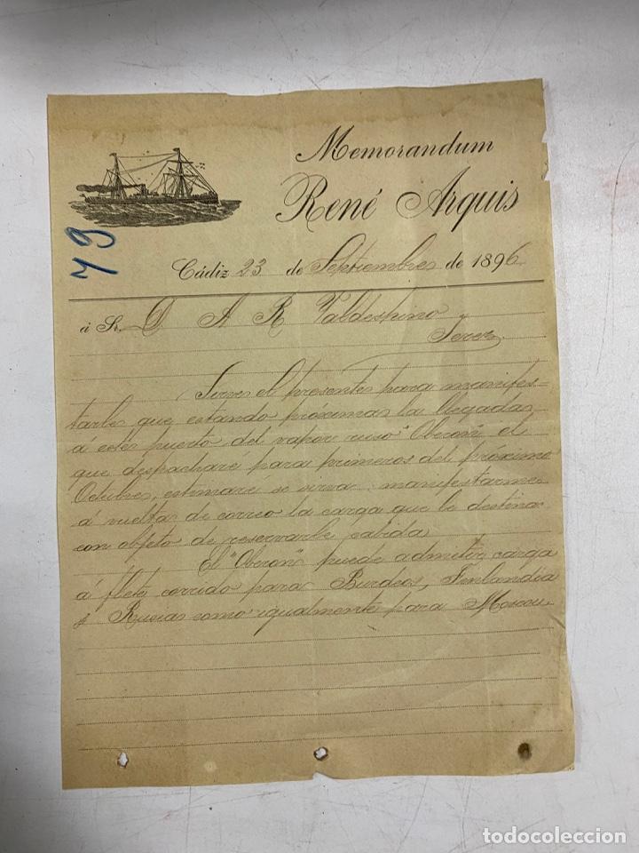 Lettres commerciales: MEMORANDUM. REN&Eacute; ARQUIS. C&Aacute;DIZ, 1896. VER FOTOS