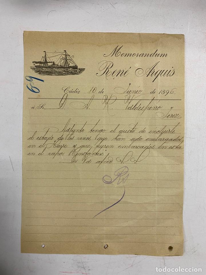 Lettres commerciales: MEMORANDUM. REN&Eacute; ARQUIS. C&Aacute;DIZ, 1896. VER FOTOS
