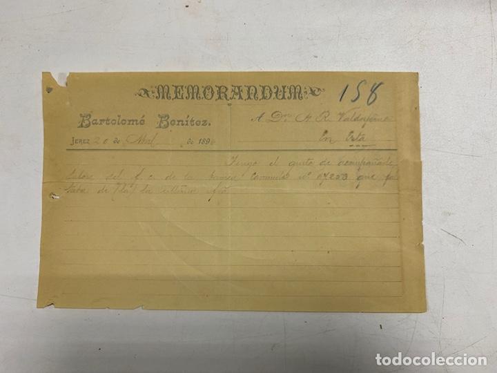 Lettres commerciales: MEMORANDUM. BARTOLOM&Eacute; BEN&Iacute;TEZ. JEREZ, 1896. VER FOTOS