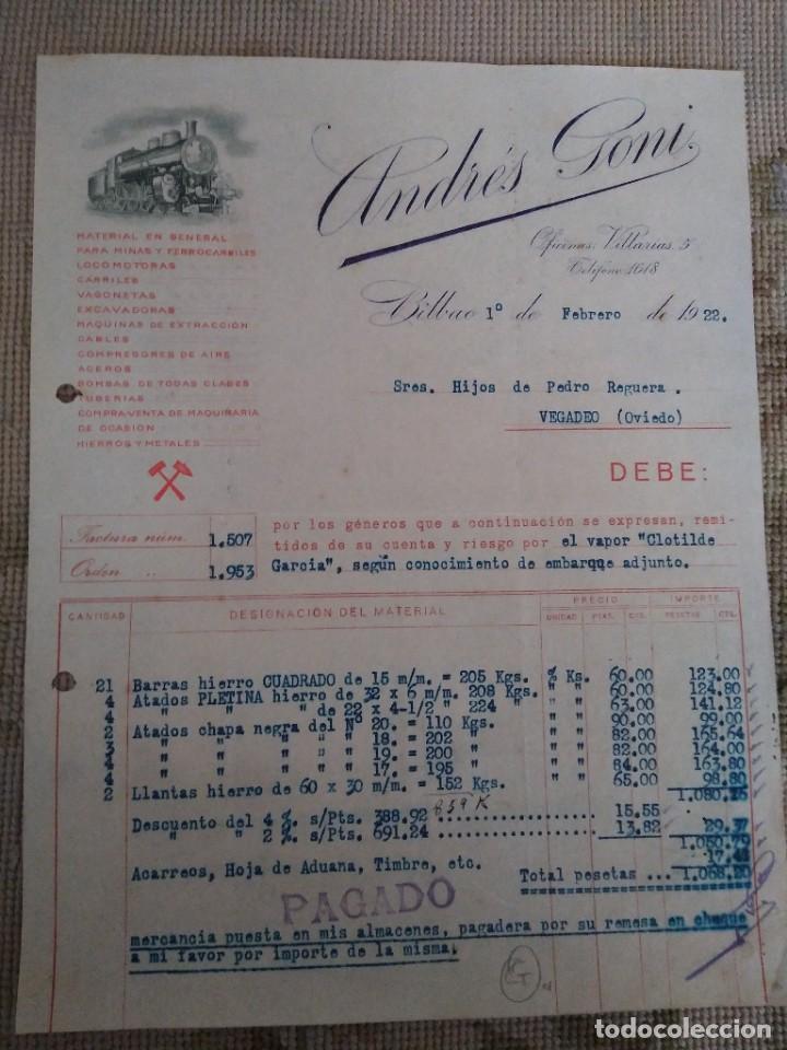 Lettere commerciali: Andr&eacute;s Goni. Bilbao. Material para minas y ferrocarriles. 1922
