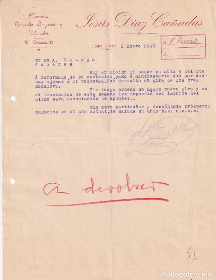 Gesch&auml;ftsbriefe: Jes&uacute;s Diaz Ca&ntilde;adas Mercer&iacute;a, Quincalla. Tomelloso. Ciudad Real 1936 Firma propietario.