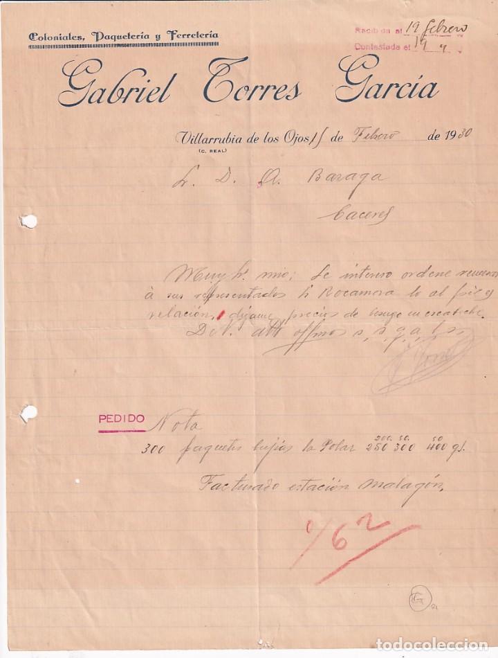 Gesch&auml;ftsbriefe: Gabriel Torres Garc&iacute;a. Villarrubia de los Ojos Ciudad Real. Coloniales, paqueter&iacute;a. Firma