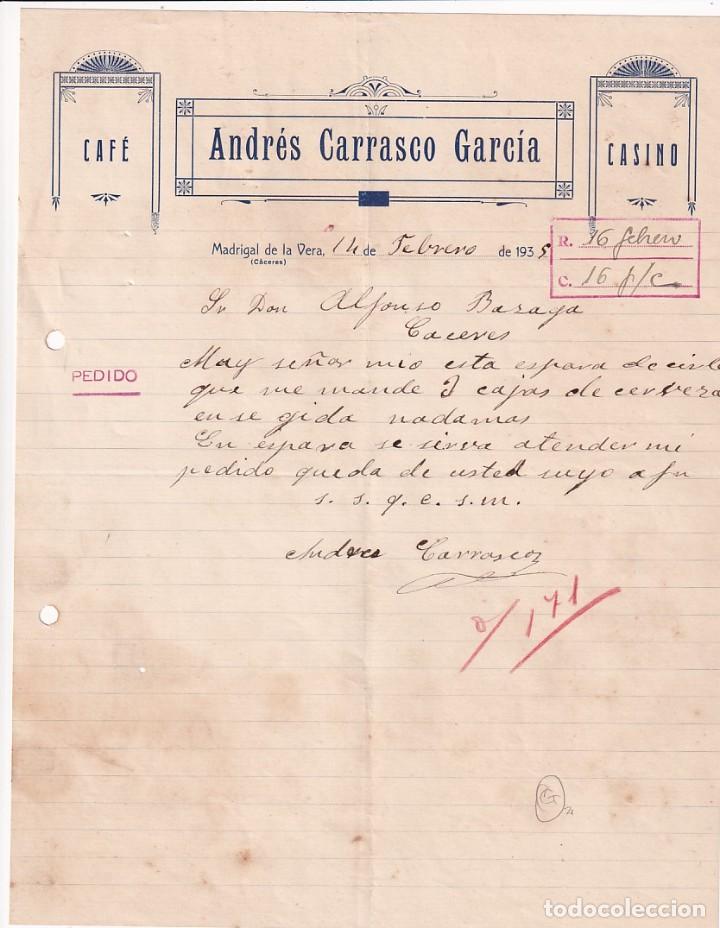 Gesch&auml;ftsbriefe: Andr&eacute;s Carrasco Garc&iacute;a. Madrigal de la Vera. C&aacute;ceres. Casino Cafe. Firma propietario.