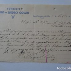 Cartas comerciales: LOS PERTEGACES DE OLBA. TERUEL. COMERCIO HIJO DE ISIDRO COLAS. CARTA A VALENCIA. JULIO 1936. Lote 276712683