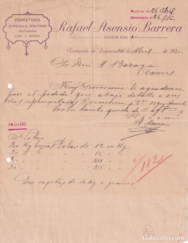 Gesch&auml;ftsbriefe: Rafael Asensio Barrera Valverde de Leganes Badajoz. Ferreter&iacute;a, Quincalla. Firma.