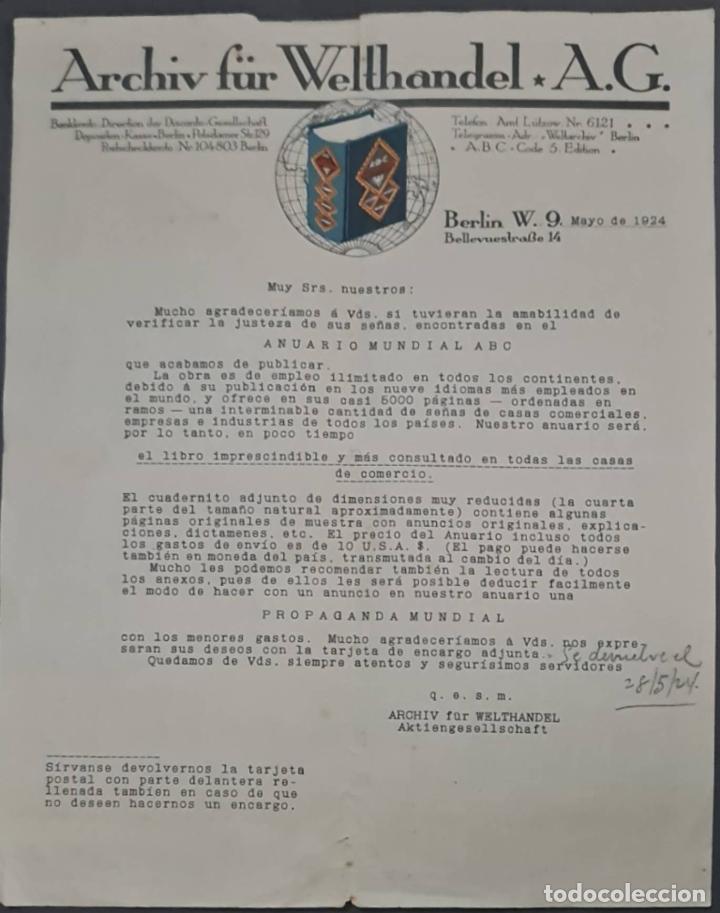 Gesch&auml;ftsbriefe: Archiv f&uuml;r Welthandel A.G. Berl&iacute;n. Alemania 1924