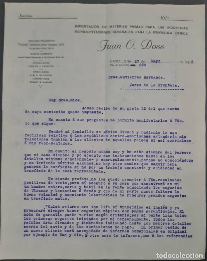 Commercial Letters: Juan O. Doss. Importaci&oacute;n de materias primas para las Industrias. Barcelona. Espa&ntilde;a 1925