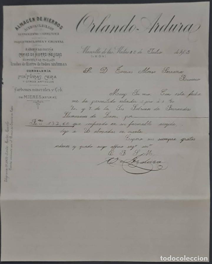 Gesch&auml;ftsbriefe: Orlando Ardura. Almac&eacute;n de hierros. Herramientas y Ferreter&iacute;a. Le&oacute;n. Espa&ntilde;a 1905