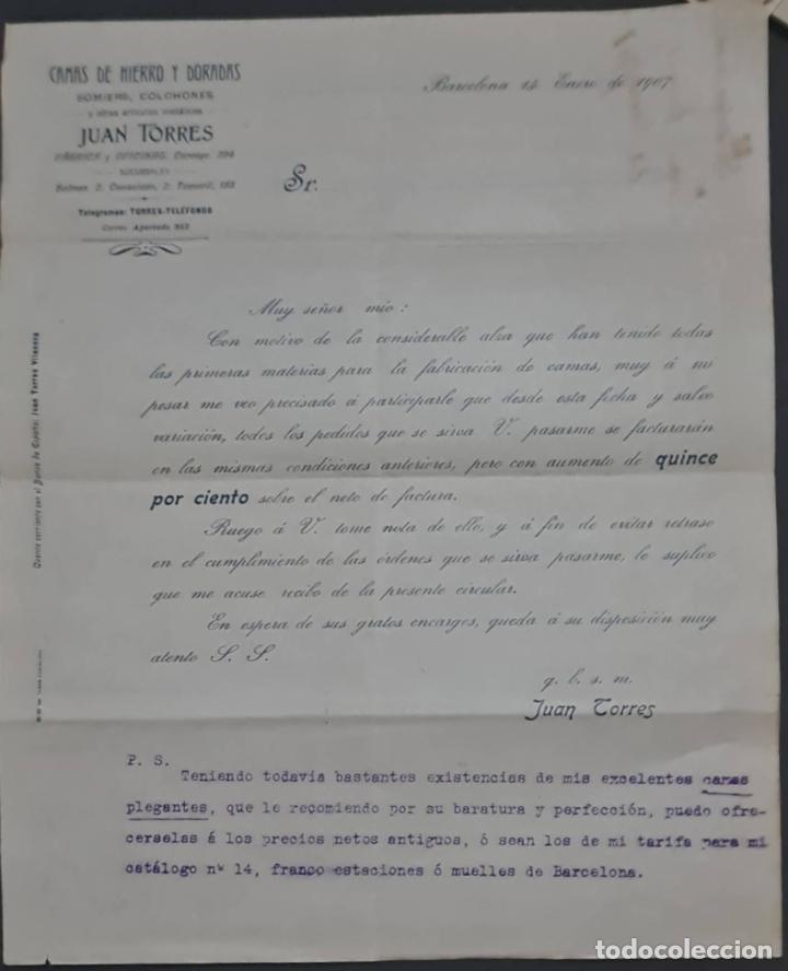 Gesch&auml;ftsbriefe: Juan Torres. Camas met&aacute;licas y Somiers. Barcelona. Espa&ntilde;a 1907