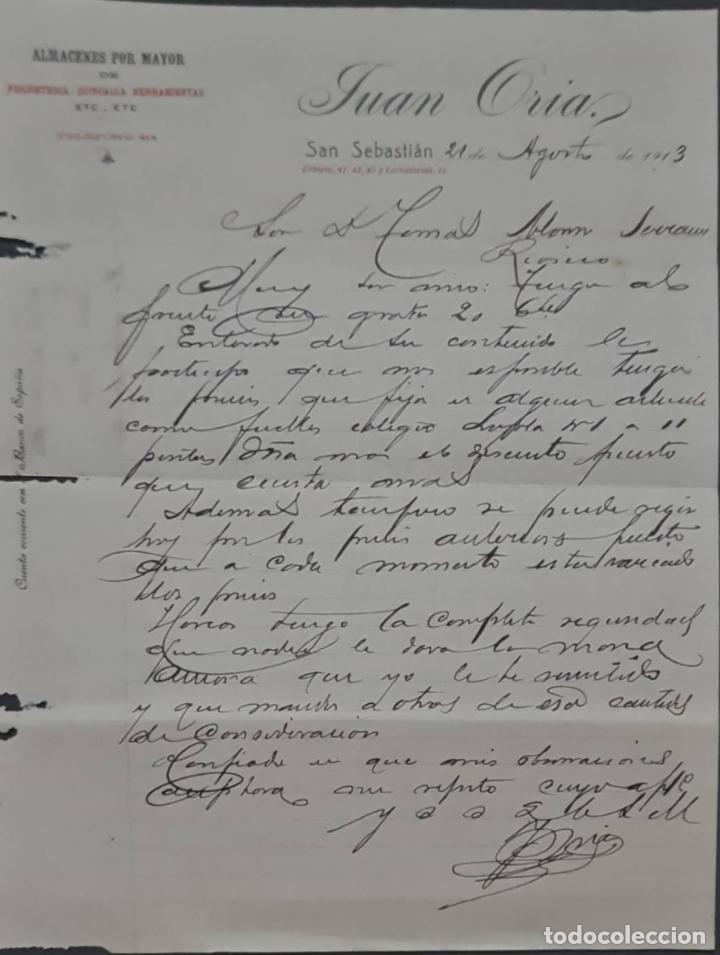 Gesch&auml;ftsbriefe: Juan Oria. Almac&eacute;n por mayor de Ferreter&iacute;a, Quincalla y Herramientas. San Sebasti&aacute;n. Espa&ntilde;a 1913