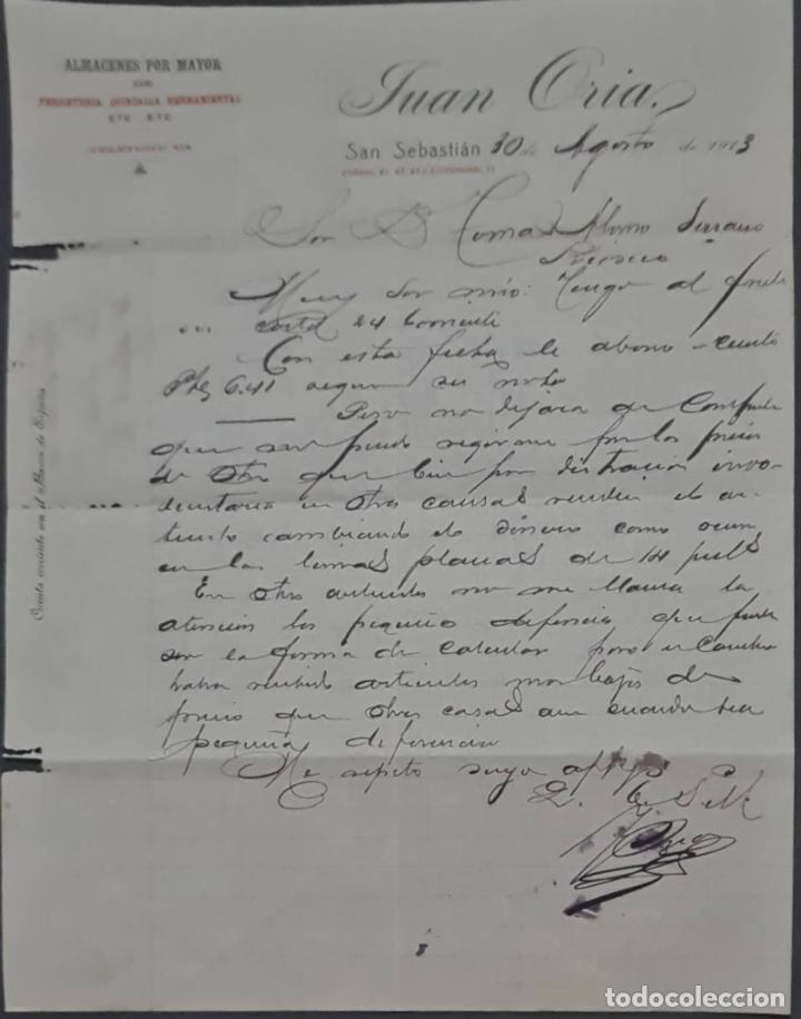 Gesch&auml;ftsbriefe: Juan Oria. Almac&eacute;n por mayor de Ferreter&iacute;a, Quincalla y Herramientas. San Sebasti&aacute;n. Espa&ntilde;a 1913