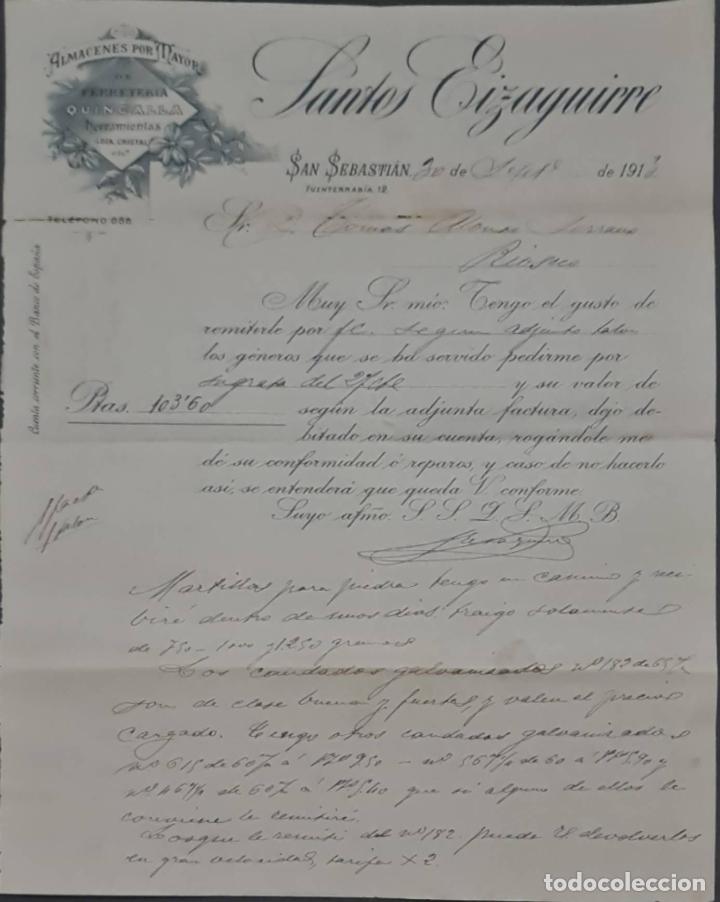 Cartas comerciales: Santos Eizaguirre. Ferreter&iacute;a y Herramientas. San Sebasti&aacute;n. Espa&ntilde;a 1913