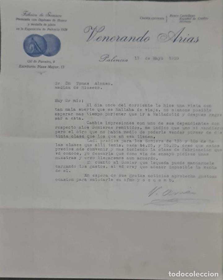 Cartas comerciais: Venerando Arias. F&aacute;brica de Somiers. Palencia. Espa&ntilde;a 1929