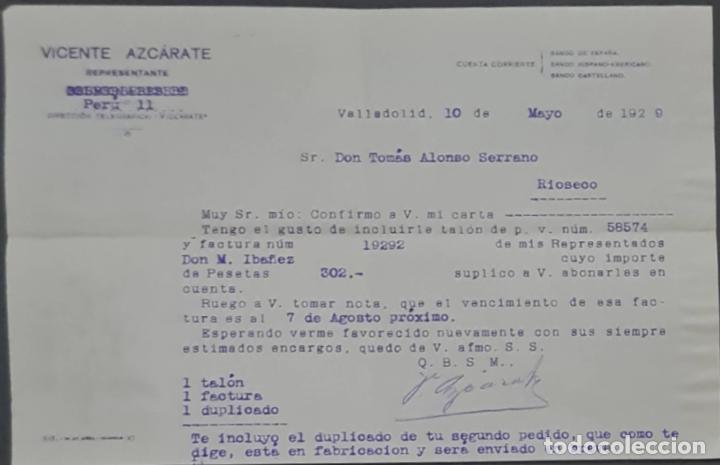 Cartas comerciais: Vicente Azc&aacute;rate. Representante. Valladolid. Espa&ntilde;a 1929