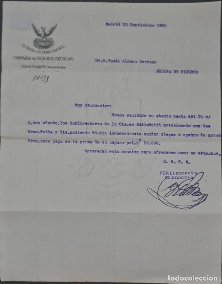 Cartas comerciais: La Uni&oacute;n y el F&eacute;nix Espa&ntilde;ol. Compa&ntilde;&iacute;a de seguros Reunidos. Valladolid. Espa&ntilde;a 1905