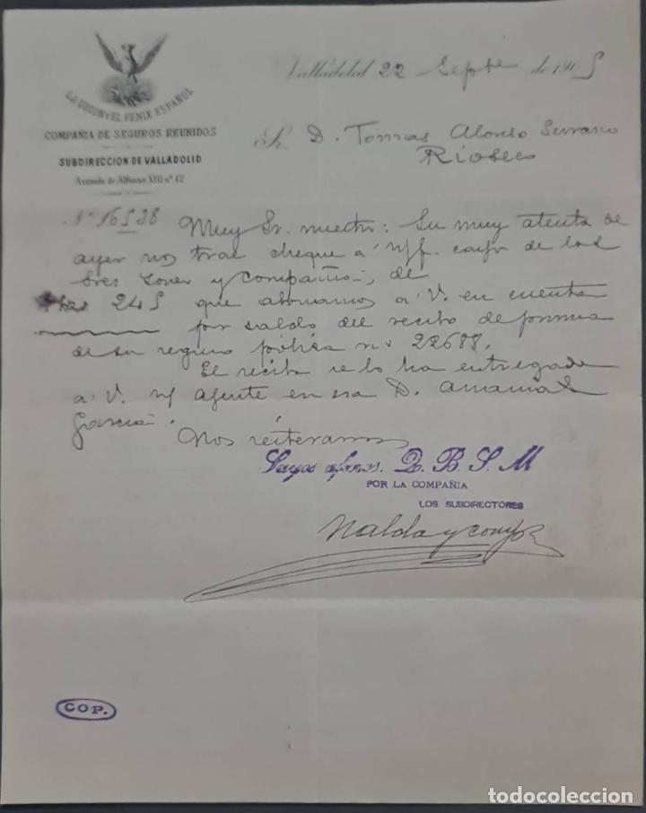 Cartas comerciais: La Uni&oacute;n y el F&eacute;nix Espa&ntilde;ol. Compa&ntilde;&iacute;a de seguros Reunidos. Valladolid. Espa&ntilde;a 1905