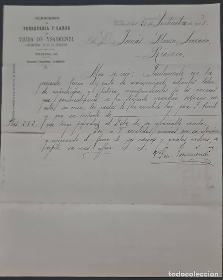 Cartas comerciais: Viuda de Ysasmendi. Almacenes de Ferreter&iacute;a y camas. Valladolid. Espa&ntilde;a 1905
